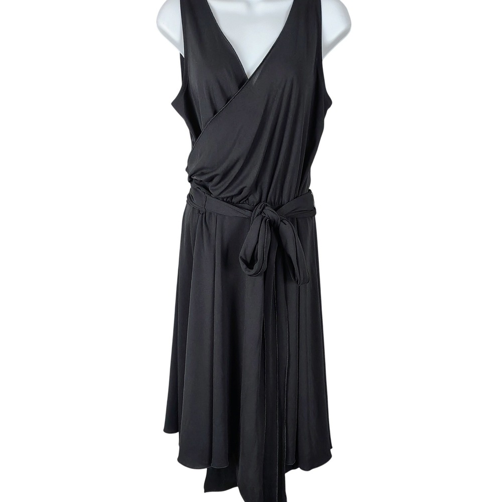 Kenneth Cole New York Womens Black Faux‎ Wrap Midi Dress Sleeveless Tie Waist L